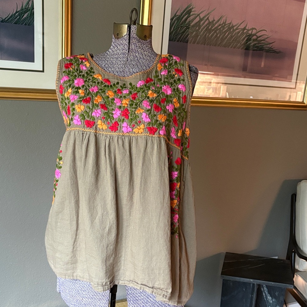 Embroidered Olive Green Boho Camisole with Pink & Orange Accents